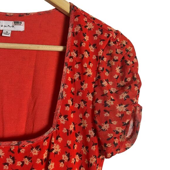 Louna Red Floral Print Mesh Ruched Short Sleeve Scoop Neck Mini Dress Size M - Picture 8 of 13